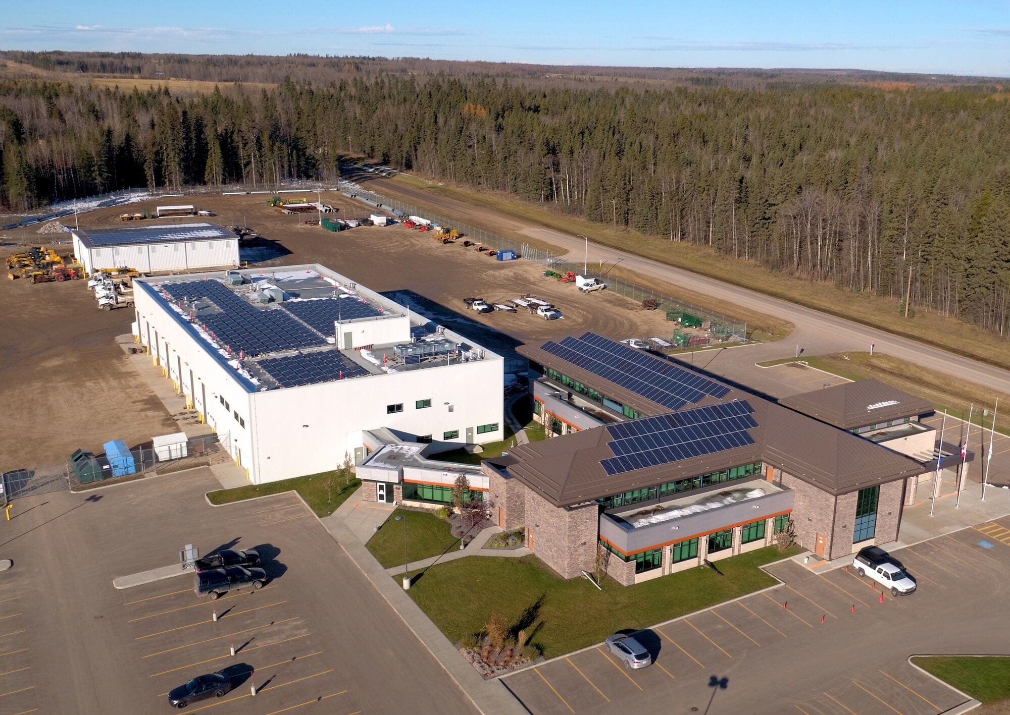 Solar panels cover the roofs on municipal buildings in Brazeau County, Alberta.