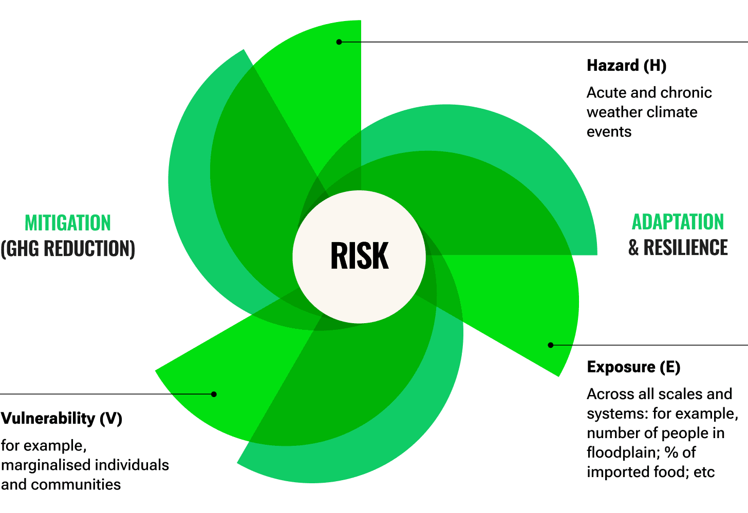A white circle surrounded by green petals resembling a flower represents the components of Climate Risk, and their associated impacts through a mitigation and adaptation lens. Risk is a combination of Hazards, Exposure, and Vulnerability.