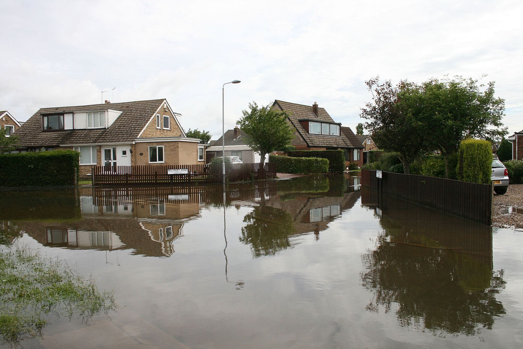 Flooded houses and streets after a sudden flash flood.